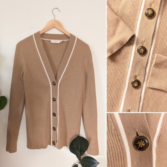 Tory Burch Ribbed Merino Wool Blend Simone Cardigan - Picture 5 of 9